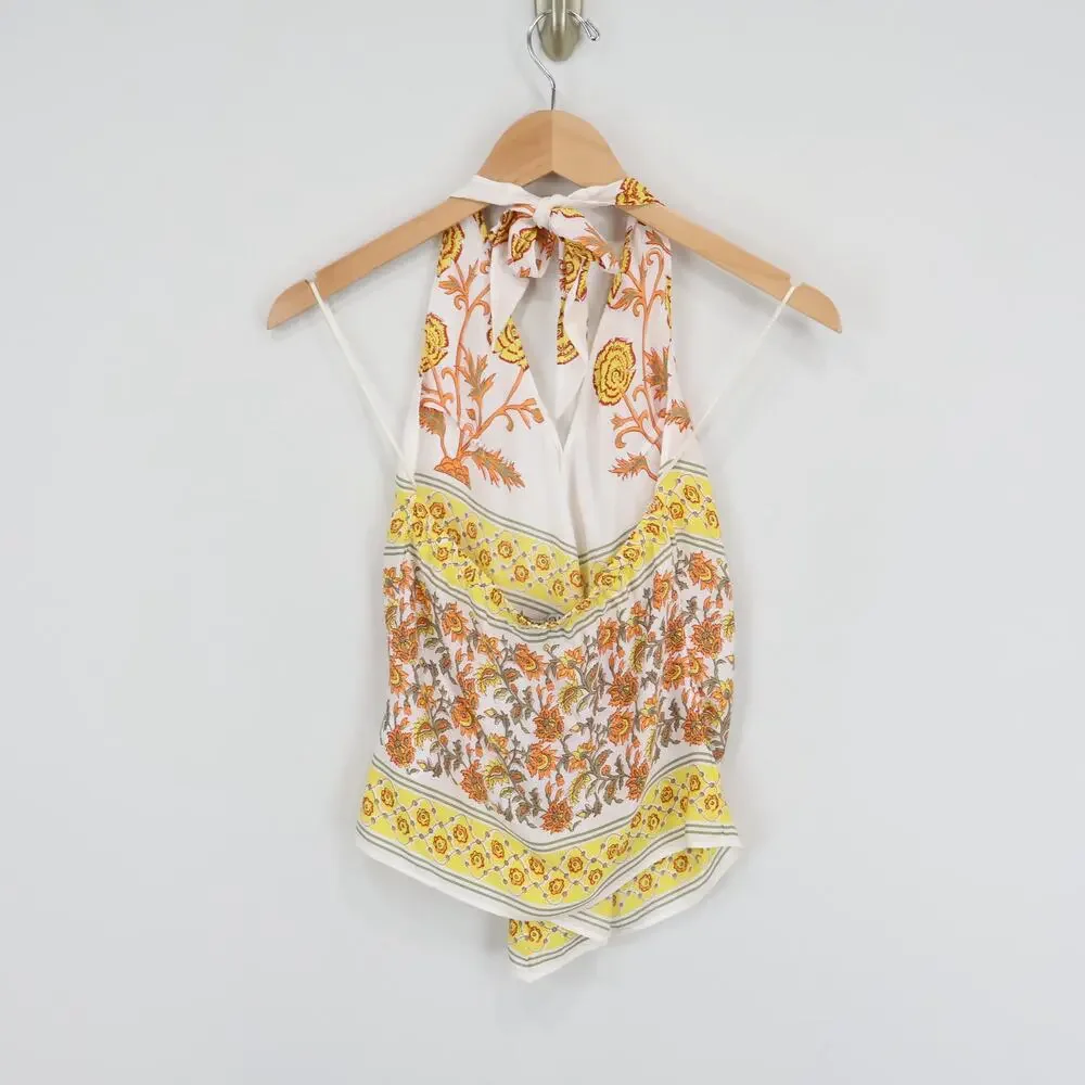 J.Crew Open Back Halter Top Sunset Rose Block Print Pristine Size XXS NWT